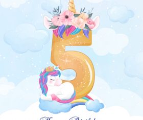 Cute doodle unicorn with number 5 vector illustration