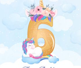 Cute doodle unicorn with number 6 vector illustration