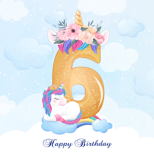 Cute doodle unicorn with number 6 vector illustration
