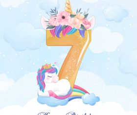 Cute doodle unicorn with number 7 vector illustration