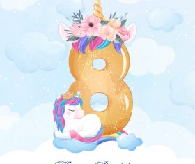 Cute doodle unicorn with number 8 vector illustration