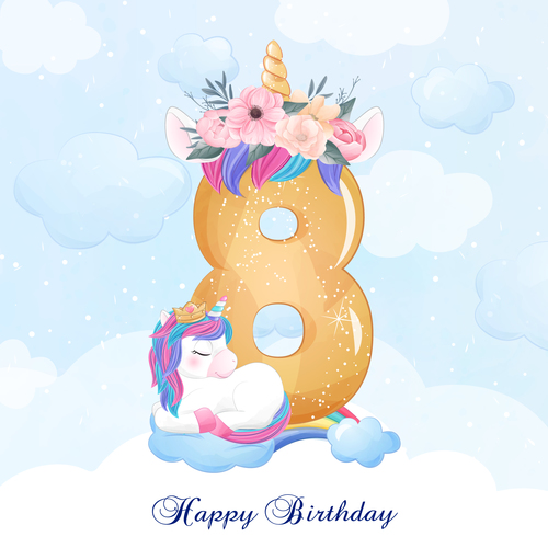 Cute doodle unicorn with number 8 vector illustration