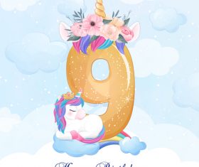Cute doodle unicorn with number 9 vector illustration