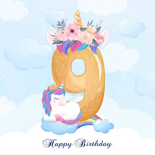 Cute doodle unicorn with number 9 vector illustration