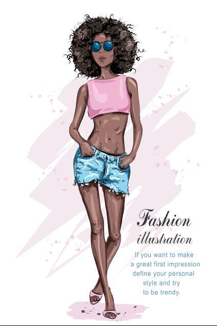 Dark skin girl fashion watercolor illustration vector