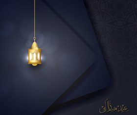 Eid mubarak greeting card vector with golden lamp on dark background