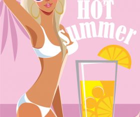 Fashion blonde girl in swimsuit on sea background, vector