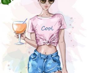 Fashion cool girl watercolor illustration vector