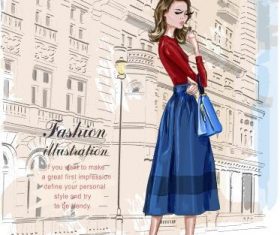 Fashion woman on the street watercolor illustration vector