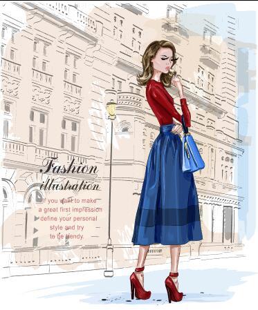 Fashion woman on the street watercolor illustration vector