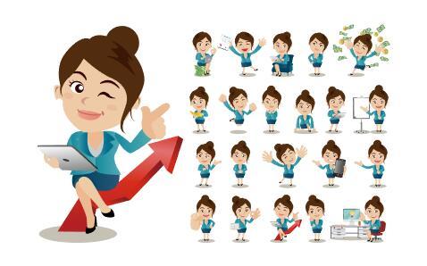 Female staff in different poses cartoon vector