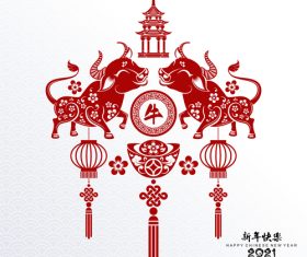Festive Chinese 2021 Year of the Ox paper cut vector