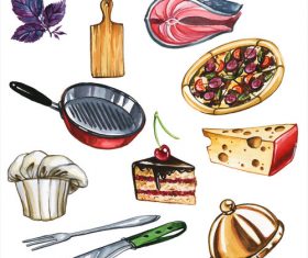 Food and tableware watercolor illustrations vector