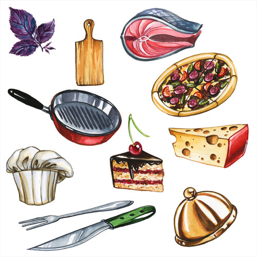 Food and tableware watercolor illustrations vector