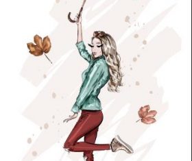 Girl holding umbrella dancing watercolor illustration vector