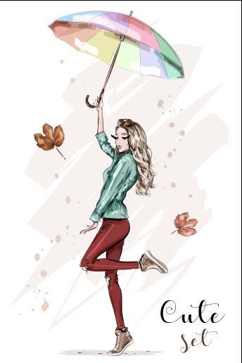 Girl holding umbrella dancing watercolor illustration vector