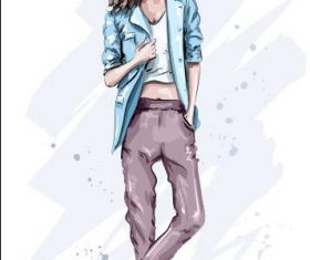Girl standing against the wall watercolor illustration vector