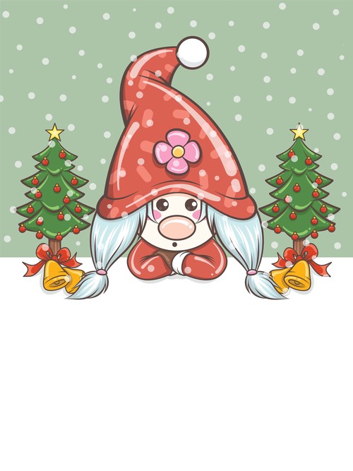 Gnome girl in the middle of two Christmas trees vector