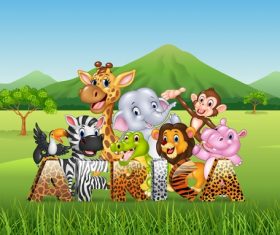 Grassland happy animals cartoon vector