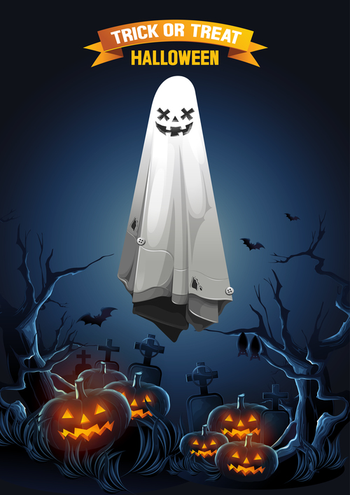Halloween pumpkin lantern and ghost in the cemetery vector