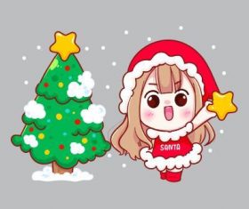 Happy little girl and christmas tree vector