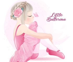 Little girl in ballet costume with butterfly watercolor illustration vector