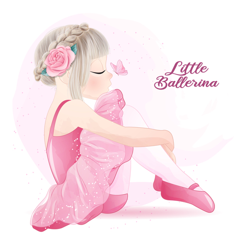 Little girl in ballet costume with butterfly watercolor illustration vector