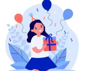 Little girl receiving birthday gift cartoon illustration vector