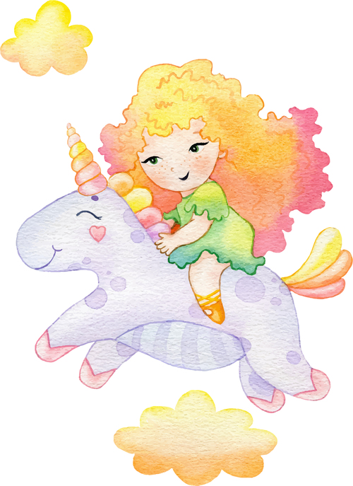 Little girl riding a unicorn watercolor illustration vector
