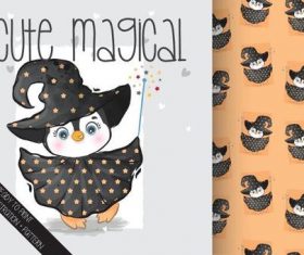 Magical penguin cartoon seamless background vector