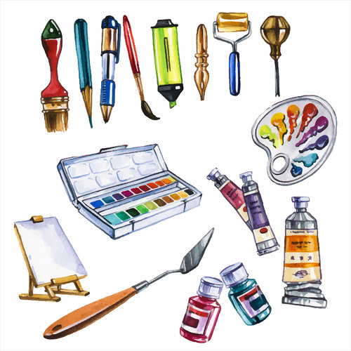 Palette and other tools watercolor illustrations vector