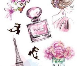 Parisian womens fashion elements watercolor illustration vector