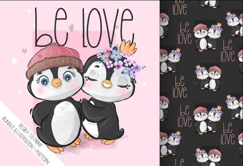 Penguin couple cartoon seamless background vector