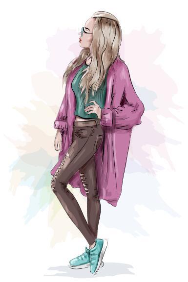 Posing girl watercolor illustration vector