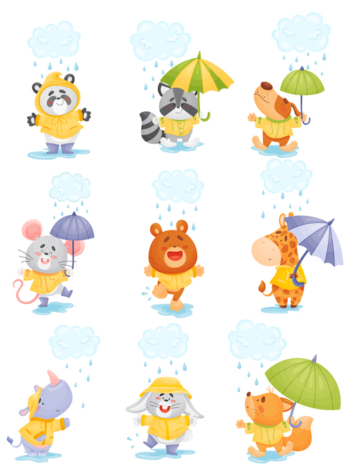 Rainy day cute animal cartoon vector