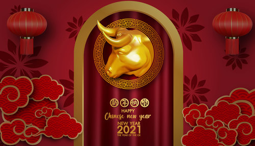 Red background chinese new year 2021 symbol bull vector