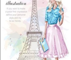 Romantic French woman watercolor illustration vector