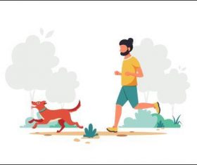 Running man walking dog cartoon illustration vector