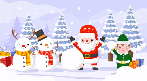 Santa Claus and kids making a snowman vector