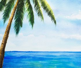 Seaside coconut tree watercolor illustrations vector