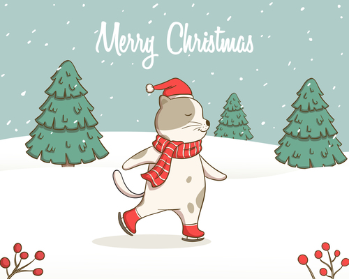 Skating cat Christmas card vector