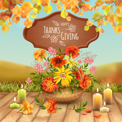 Thanksgiving card with a basket filled with autumn flowers and lighted candle