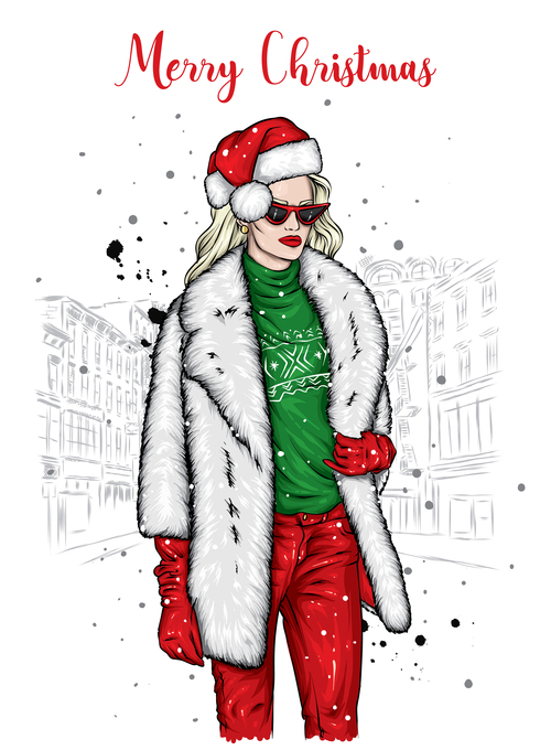 The beautiful girl in santas hat christmas illustrations vector