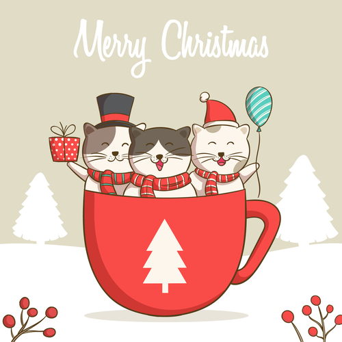 Three smiling cats christmas card vector