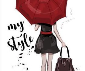 Umbrella woman back view watercolor illustration vector