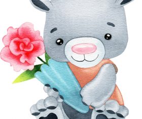 Watercolor illustration vector of little bear holding flowers