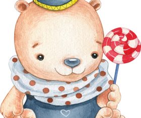 Watercolor illustration vector of little bear holding lollipop