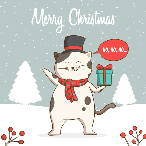 Winter outdoor cat christmas card vector