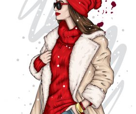 Woman in red sweater and red hat vector