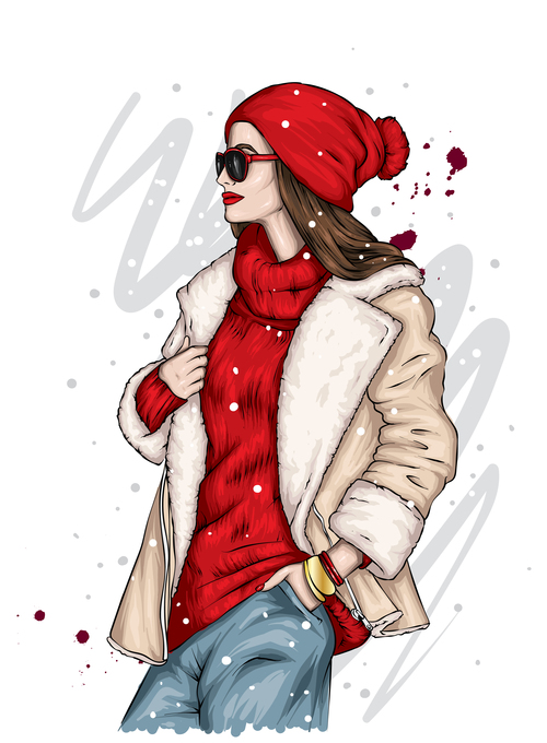 Woman in red sweater and red hat vector